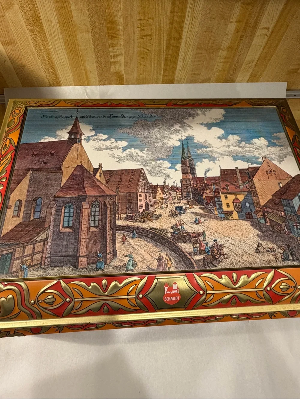 Large Vintage German Tin Bread Box Schmidt Nuremberg Lithograph Scene